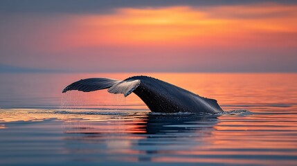 Obraz premium Whale tail emerging from water at sunset with the horizon filled with colorful clouds