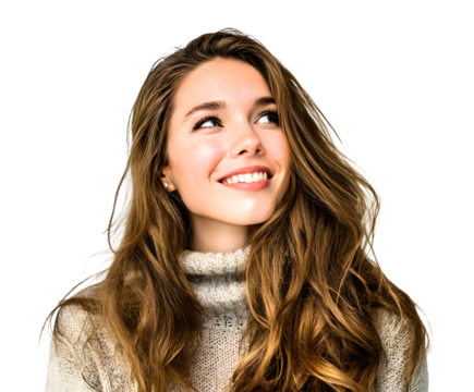 Radiant woman with long, wavy hair gazes upwards with a bright, hopeful expression. Her casual attire adds to her natural charm.