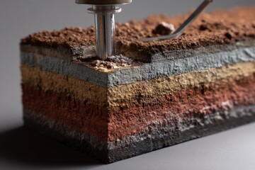 A core tool extracts a vibrant, layered soil sample, revealing rich sediment colors and detailed tube mechanics in a macro shot.