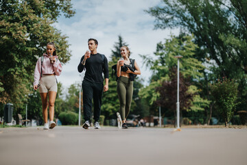 Three friends engage in an active lifestyle by walking in a park under a cloudy sky. They enjoy their time together, staying hydrated with refreshments in hand, amidst lush greenery.