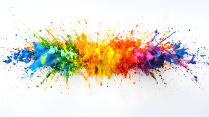 A vibrant explosion of color, showcasing a spectrum of rainbow hues in a dynamic splash against a white background.
