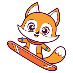 Cartoon Fox Snowboarding On White Background