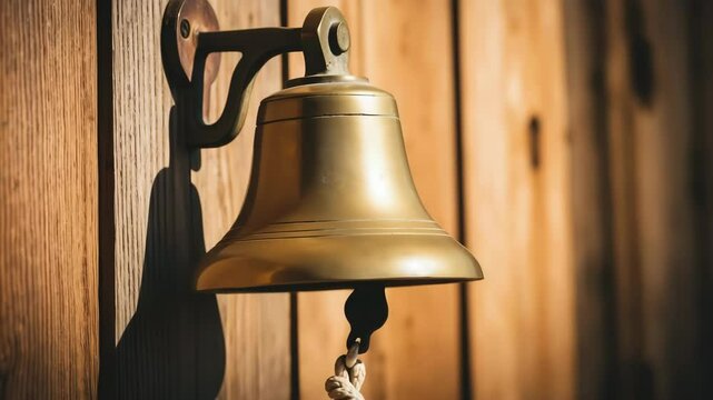 Brass bell hanging on a wooden wall
