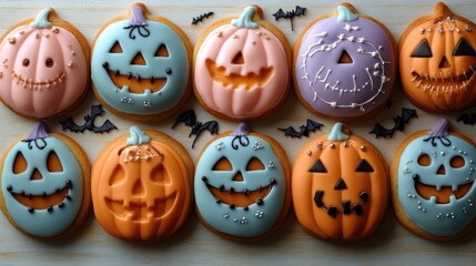 Obraz premium Colorful Halloween-themed cookies shaped like pumpkins, displayed on a wooden surface with bats
