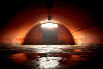 Urban underground tunnel with dramatic lighting and reflective puddles after rain in an abandoned setting