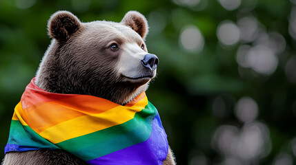 Majestic Brown Bear with Rainbow LGBTQ+ Pride Flag in Lush Green Forest