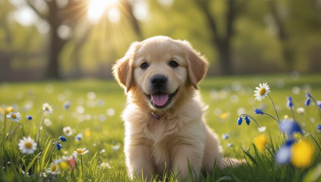Adorable golden retriver puppy sitting in a spring meadow with wildflowers.