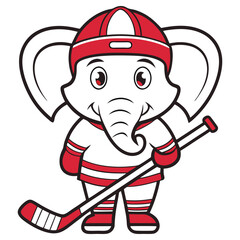 White Elephant Cartoon Hockey Player with Red Helmet Holding Stick