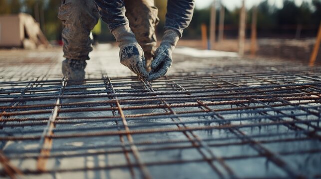 Construction worker placing reinforcement steel into a concrete mold. Featuring skill and coordination
