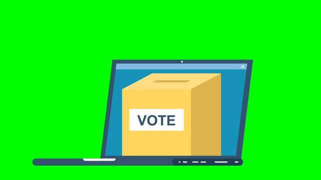 Businessman's hand trying to put a ballot paper in ballot box but comes back with paper in hand. Hand putting a ballot paper in ballot box on laptop. Online voting. 2d flat animation. Alpha channel