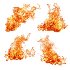 Four fiery orange and white flames isolated on black background