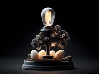 Easter and lamp: Steampunk-style Easter lamp made of gears and glowing eggs, dark background.