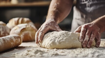 Baker skillfully kneading fresh dough on a floured wooden countertop. Featuring craftsmanship and tradition