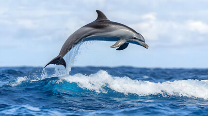 Fototapeta premium Atlantic Spotted Dolphin Leaping From Vivid Blue Ocean Waves Under Bright Sky