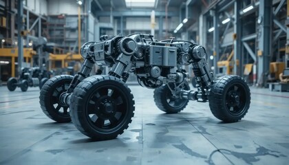 Fototapeta premium Robotic Vehicle Prototype Standing in Factory Showing Engineering Design and Power