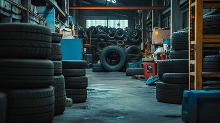 A cluttered tire shop interior with stacks of tires and equipment under dim lighting conditions