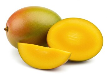 A whole mango with a slice and a half mango showing the yellow flesh on a white background surface