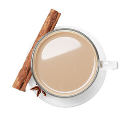 Aromatic Masala tea in cup and spices isolated on white, top view