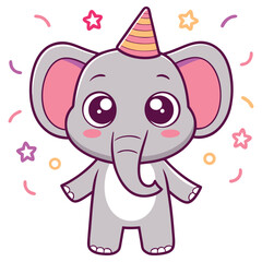 Cartoon Elephant with Party Hat and Stars on Transparent Background Design
