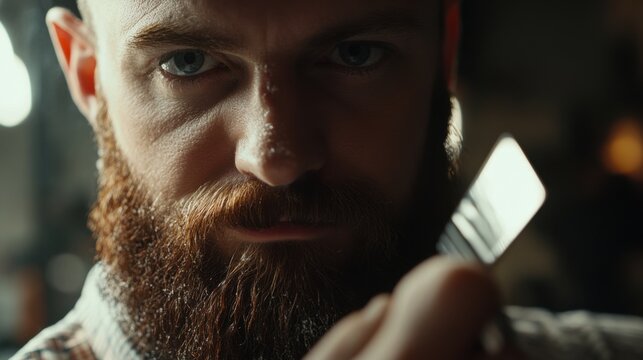 Barber using a straight razor to shape a beard. Featuring precision and grooming