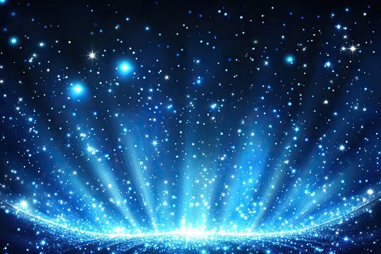 Sparkling blue cosmic explosion.  A dazzling display of radiating light particles exploding across a dark background, with a luminous base