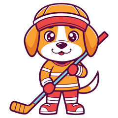 Cartoon Dog in Hockey Gear Holding Stick on White Background Playful Mascot
