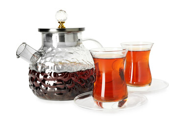 Traditional Turkish tea in glasses and teapot isolated on white