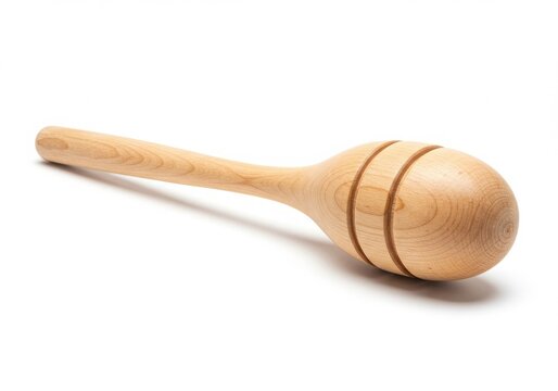 A wooden molinillo on a white background with a handle and a grooved bulbous end for frothing