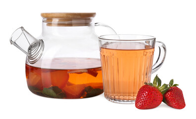 Aromatic fruit tea with strawberries and mint isolated on white