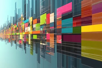 Abstract digital data stream.  Colorful, layered rectangular interface elements flow into the distance.  Dynamic display of information