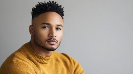 Obraz premium Confident man in mustard sweater, exuding quiet strength and modern elegance 