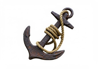 A weathered anchor with rope wrapped around it against a plain white background in a studio shot
