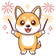 Shiba Inu Cartoon Celebrates with Sparklers and Fireworks on White Background