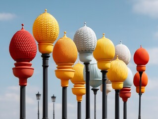 Easter and lamp: Urban Easter installation with street lamps shaped like colorful eggs.