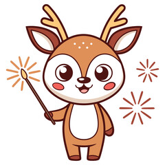Cute Cartoon Deer Character Holding Sparkler on White Background