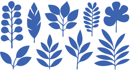 Fototapeta premium Blue Leaf Silhouettes Botanical Vector Collection with Diverse Shapes, Nature Inspired Elements on White Background, Minimalist Design for Creative Projects.