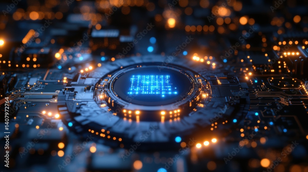 Poster horizontal lock,blue light on an electronic circuit cyber security data protection business privacy concept generative ai