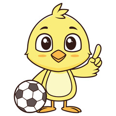 Cute Cartoon Chick Holding Soccer Ball Raising Finger on White Background