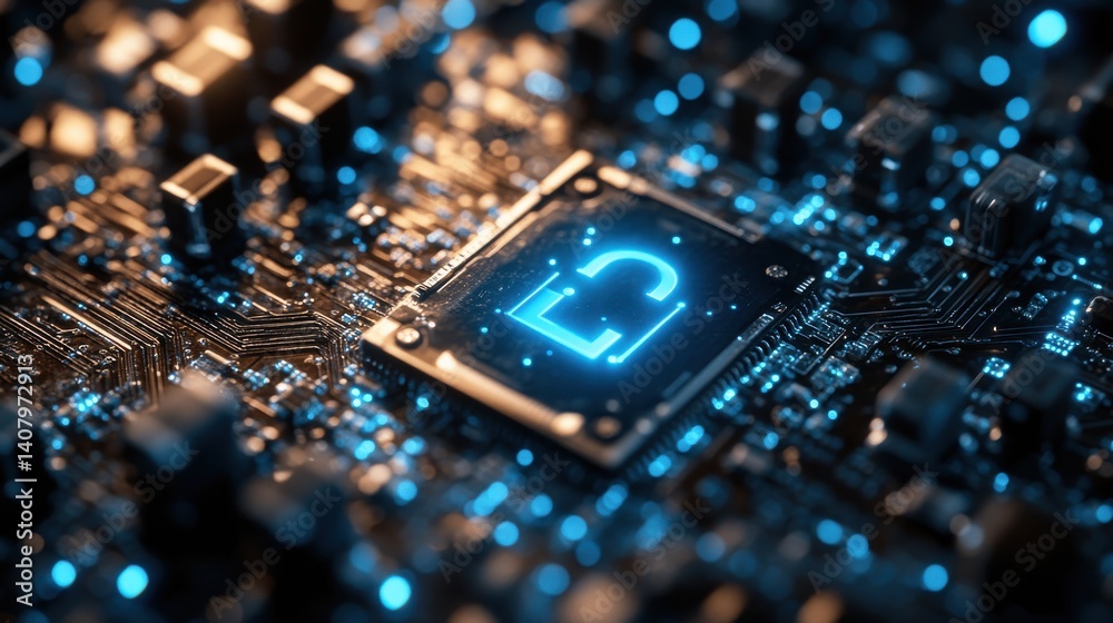 Poster horizontal lock,blue light on an electronic circuit cyber security data protection business privacy 