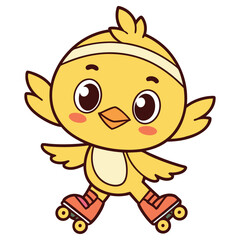 Cartoon Chick Roller Skating, Fun Bird with Headband, Cute, Isolated on White