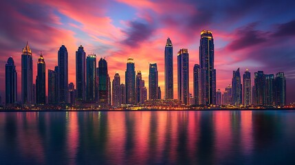 Obraz premium Glowing city skyline at twilight with tall buildings high resolution picture
