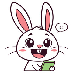 Smiling White Rabbit Using Tablet with Speech Bubble on Transparent Background