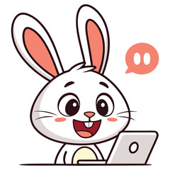 Cartoon Bunny Uses Laptop with Speech Bubble on Transparent Background