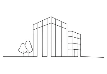Minimalist continuous line drawing of a modern office building with geometric shapes and glass facade in architectural sketch style

