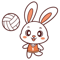 Cartoon White Rabbit Playing with Volleyball Wearing Jersey on Transparent Background