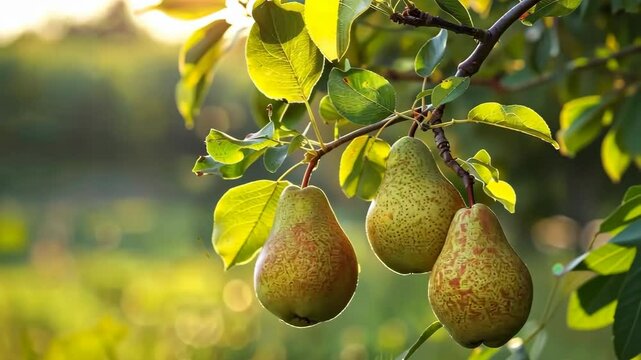 Ripe pear hanging on a tree. Cluster of ripe Pears growing on a branch of tree. Green natural orchard blurred background. Organic eco bio farming. Fruit garden. Plantation. Harvesting. Pears fruits
