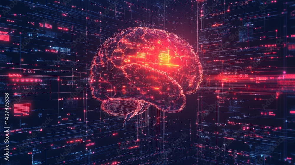 Fototapete illustration of an ai chatbot featuring a vibrant neural brain pattern integrated into a sleek interface glowing data streams representing knowledge sharing,stock image