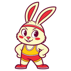 Obraz premium Cartoon Rabbit Athlete Posing with Red Headband and Sportswear on White Backdrop