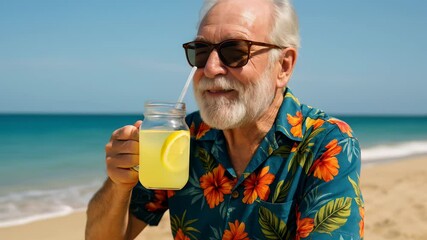 Smiling elderly man in tropical shirt drinking lemonade on beach, enjoying retirement in summer holidays. - Powered by Adobe