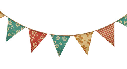 Obraz premium Bunting flags attached to a string. The triangular flags come in green, red, and beige hues with floral and checkered patterns. Perfect for festive events, celebrations, or casual decorative setups.